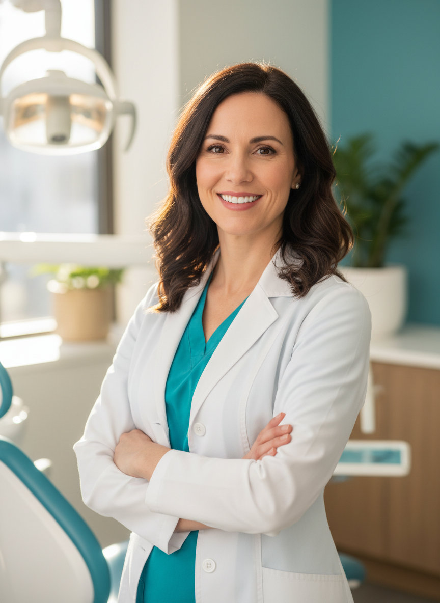 Dr. Sarah Mitchell smiling in her practice