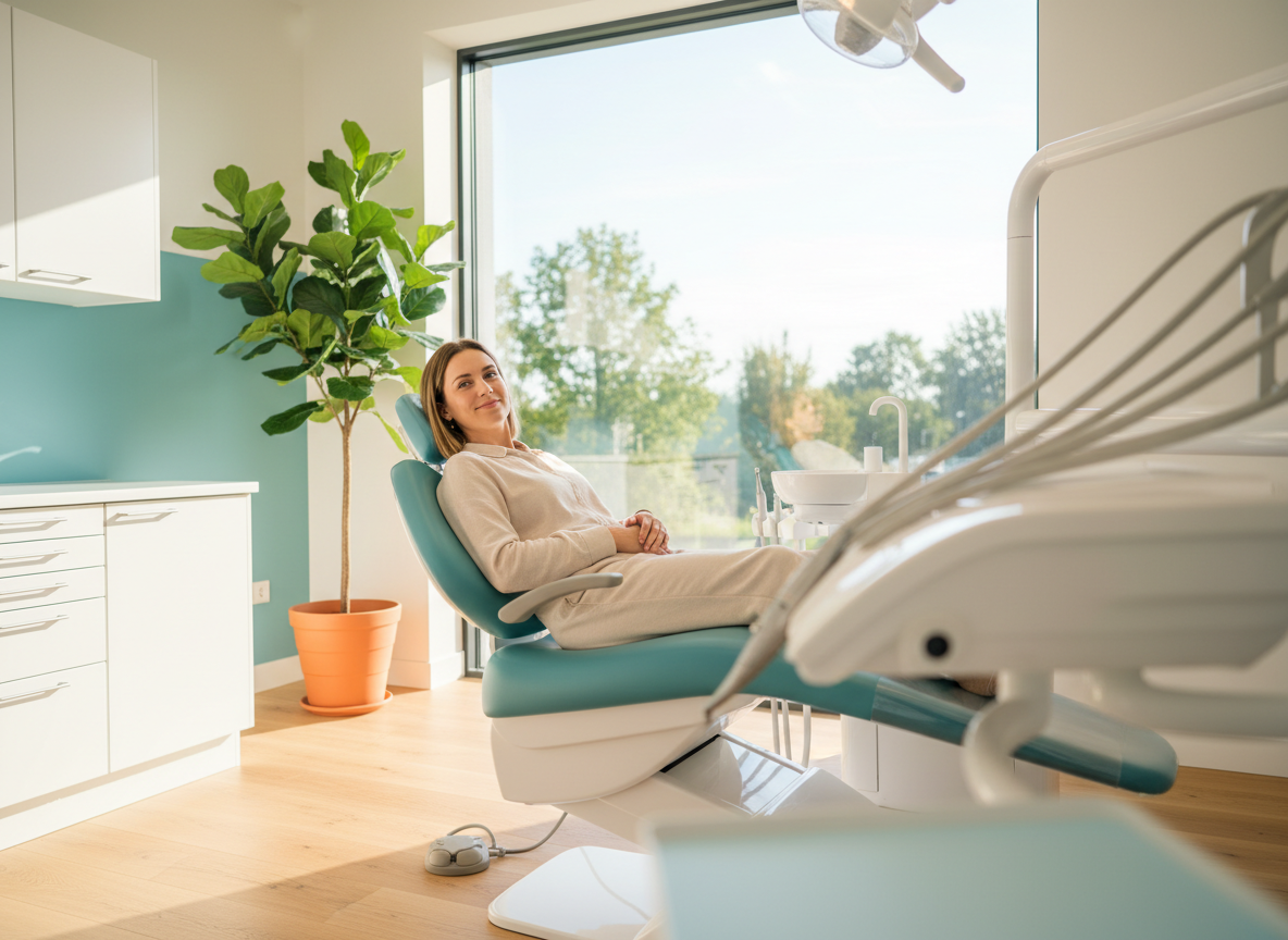 A relaxed patient reclining in a dental chair in a bright, modern clinic
