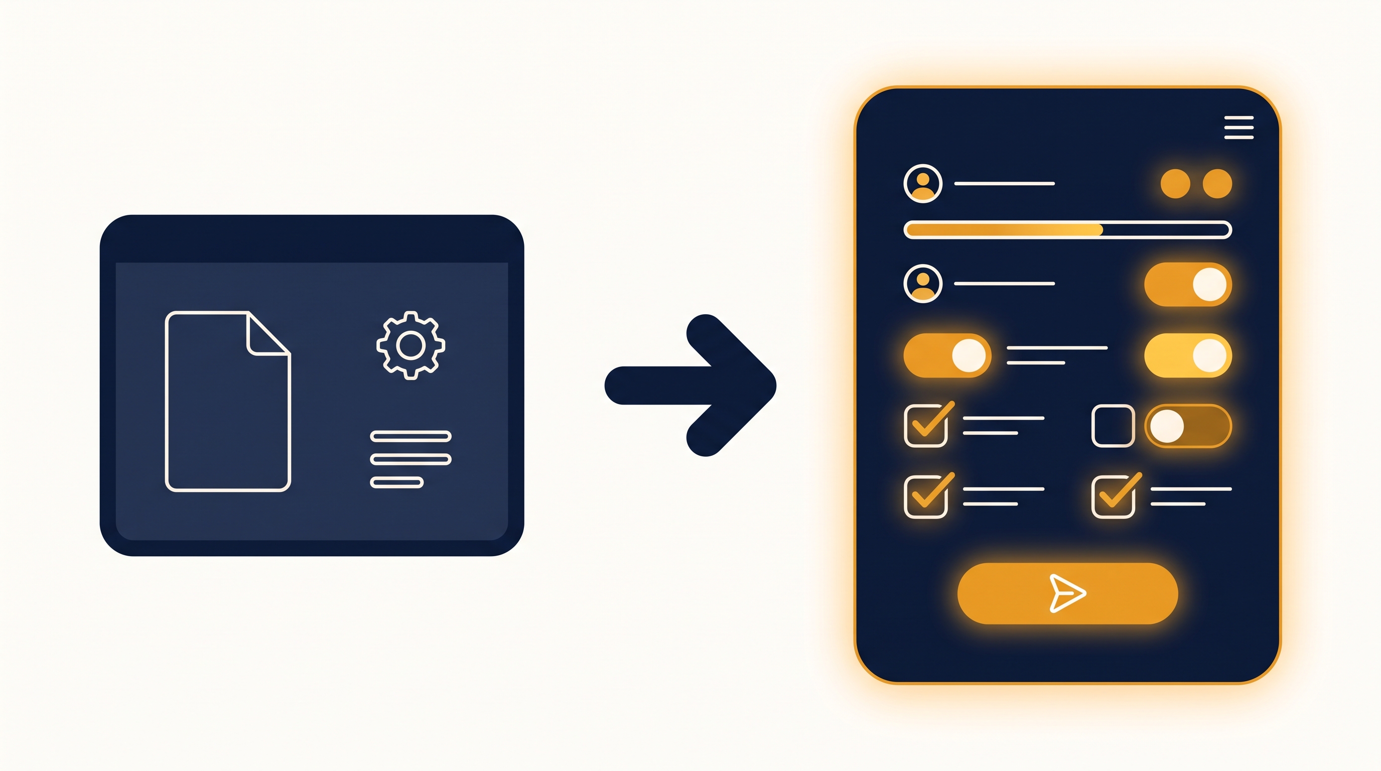 A dull static page on the left, a glowing interactive app with toggles and checkmarks on the right