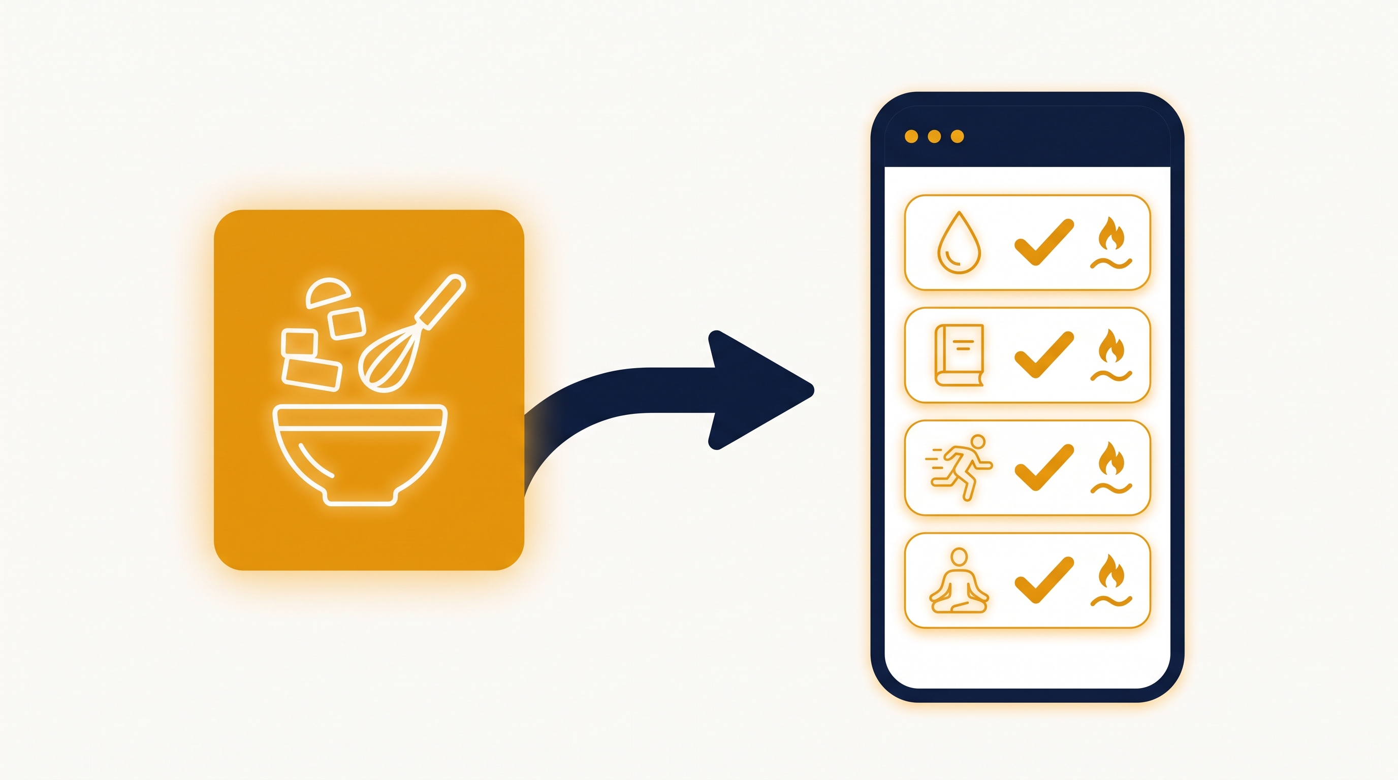 A recipe bowl transforming into a phone showing a habit checklist with streaks