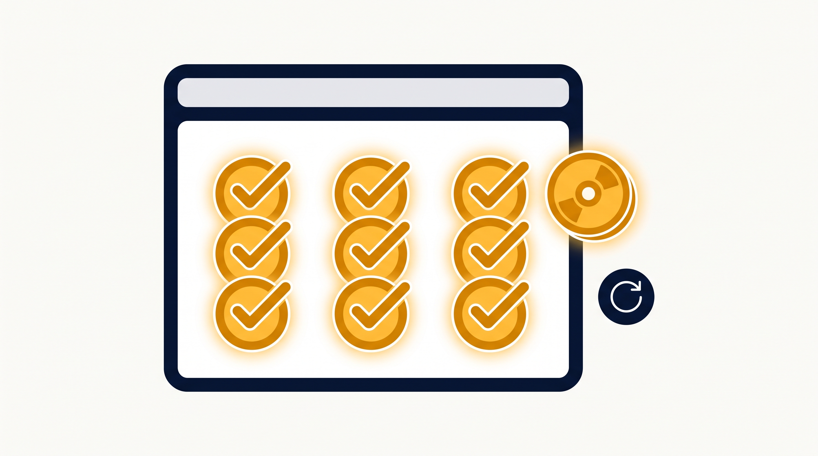 A browser window full of checkmarks with a save icon and a refresh arrow — the app remembers