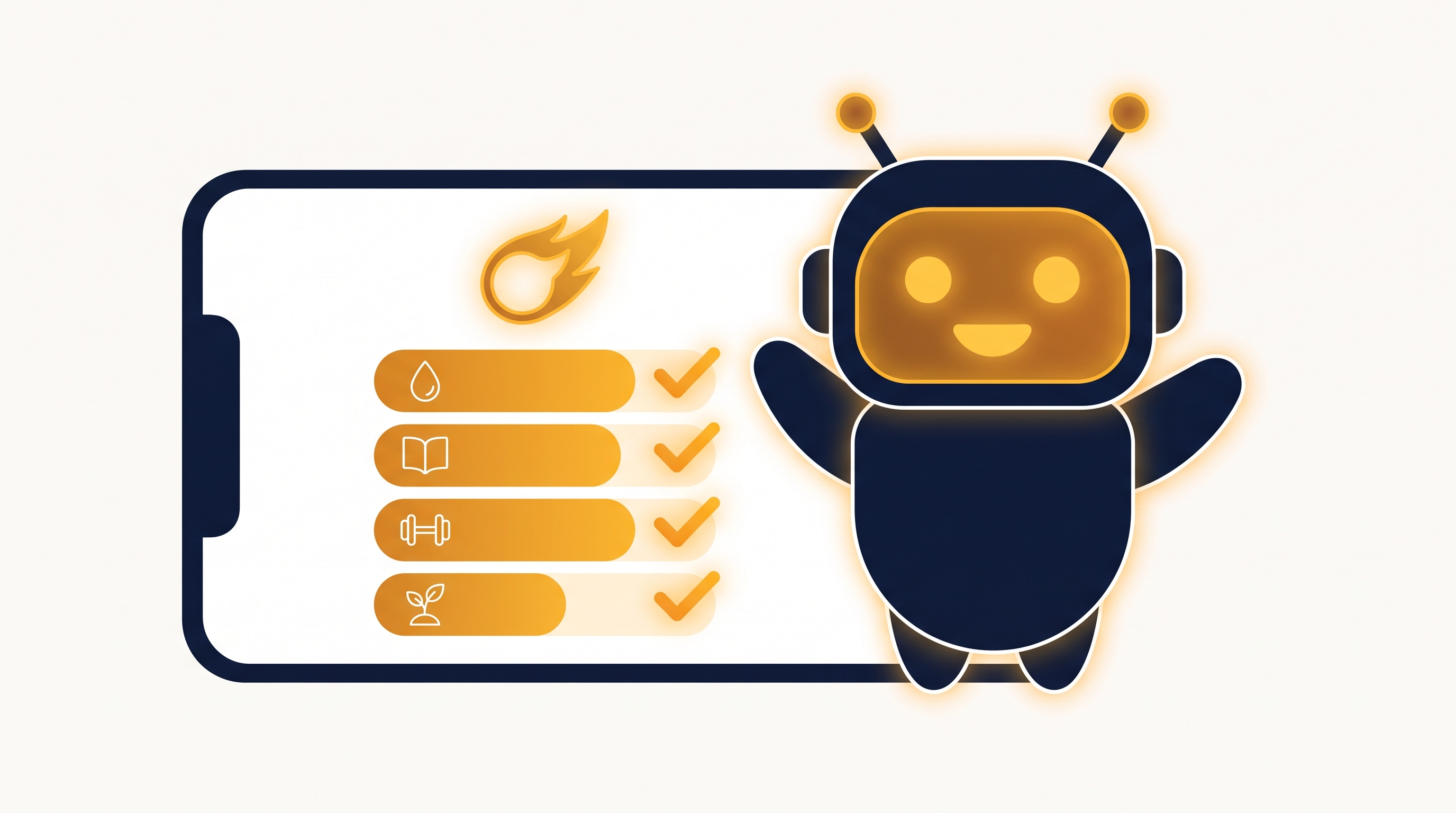 A phone showing a habit tracker with a flame streak and checkmarks, beside a happy robot