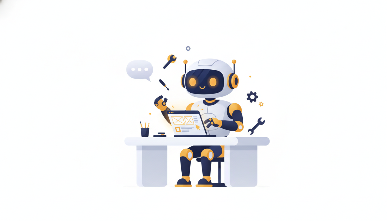A friendly robot building an app at a workbench