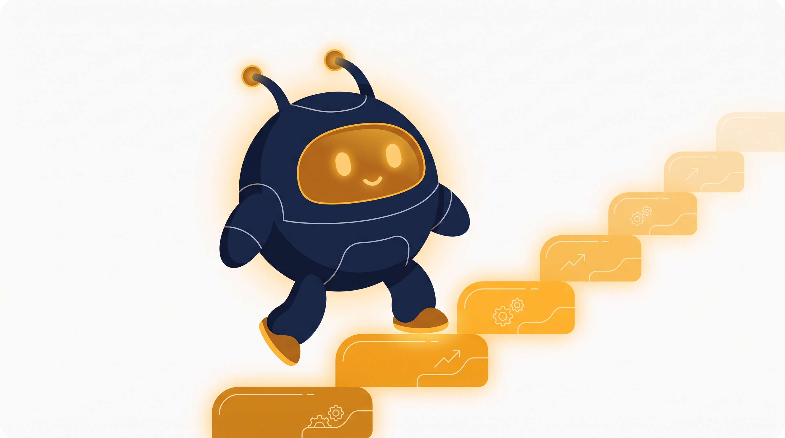 A friendly robot climbing an amber staircase one step at a time