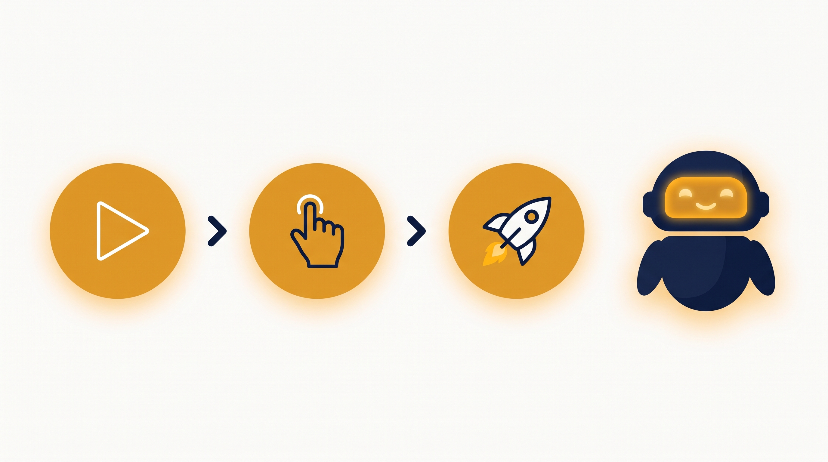 A play button, then a cursor, then a launching rocket, with a happy robot