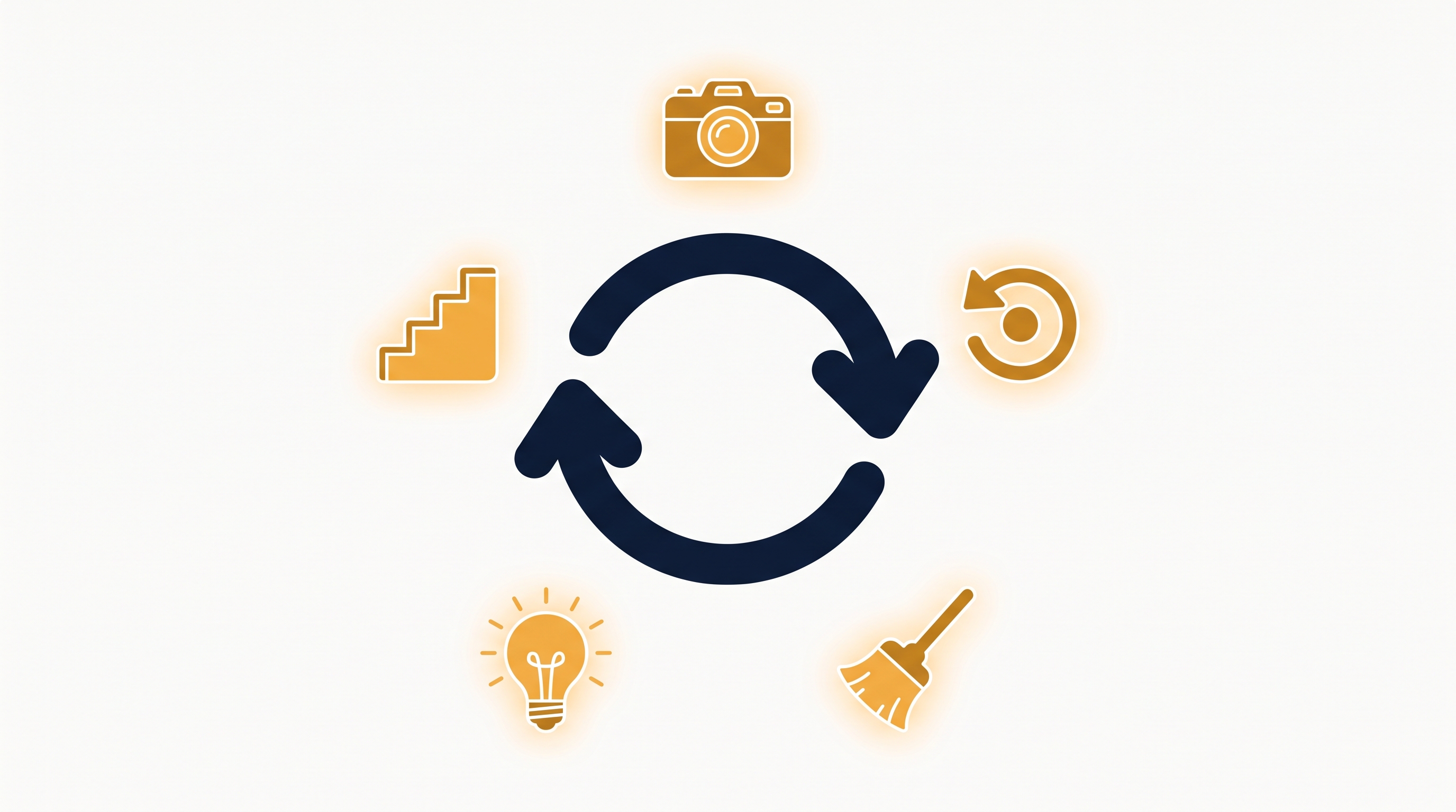 A retry-loop arrow circled by five tool icons: camera, rewind, broom, lightbulb, and steps