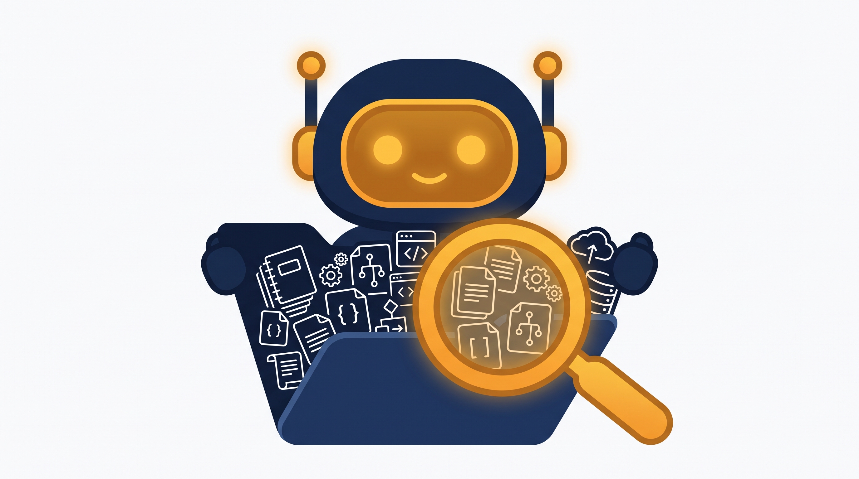A friendly robot opening a folder full of code files, examined with a magnifying glass